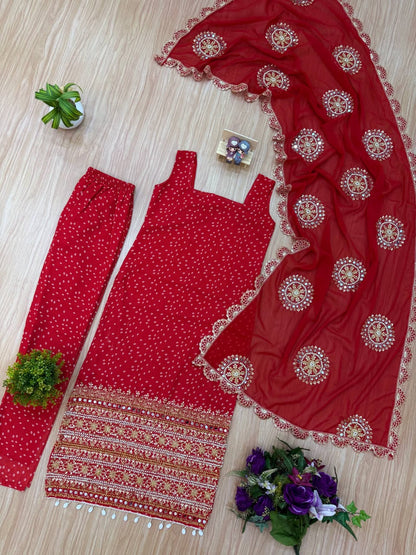 Premium Bandhani Faux Georgette Mirror Work Kurti Set With Churidar & Dupatta