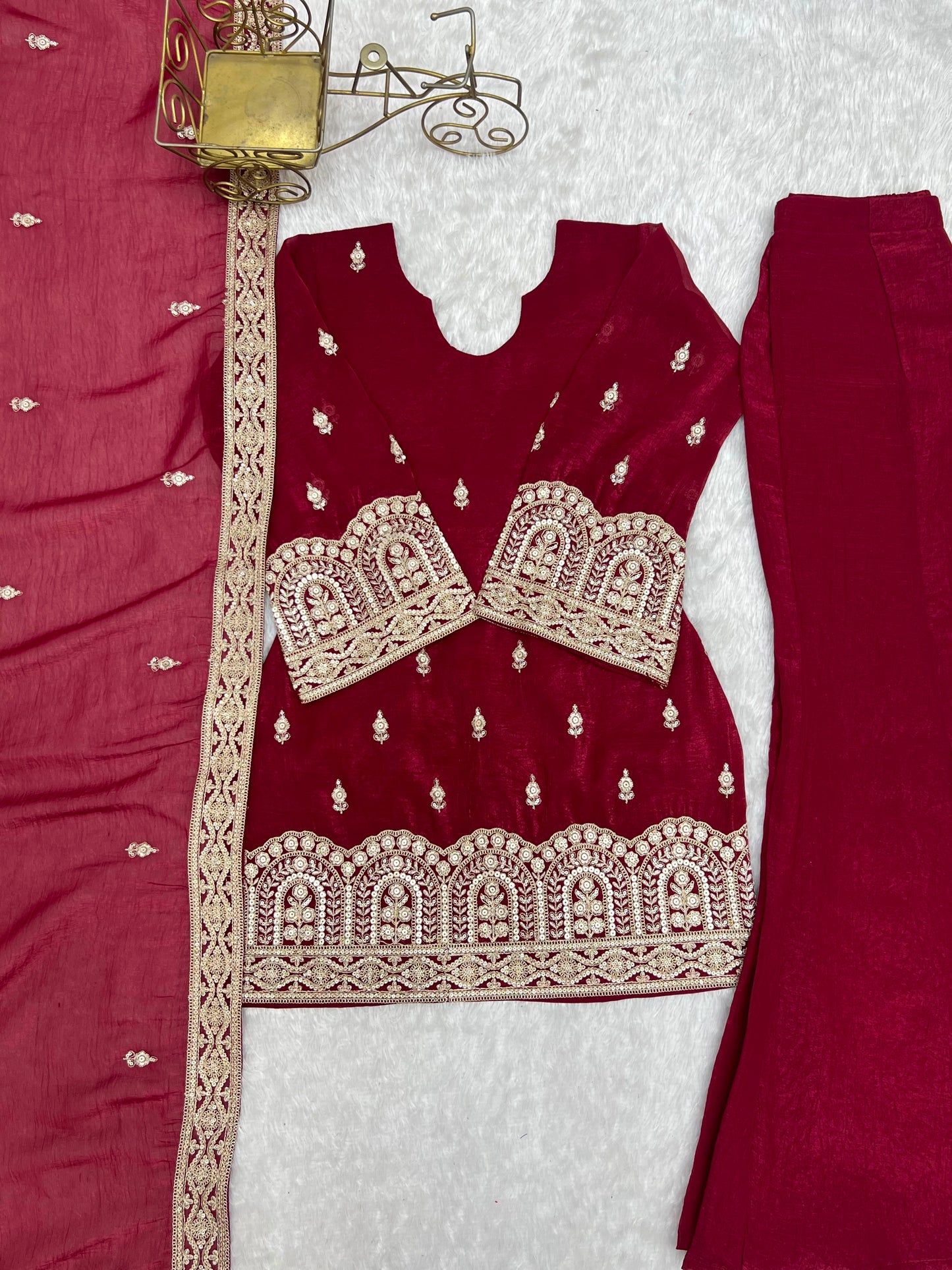 Premium Crunchy Silk Embroidered Bell Bottom Suit Set With Dupatta