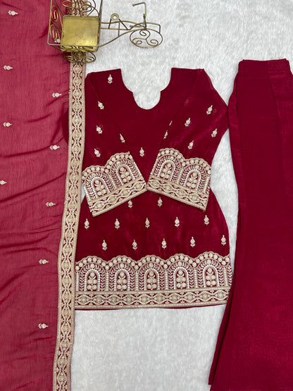 Premium Crunchy Silk Embroidered Bell Bottom Suit Set With Dupatta