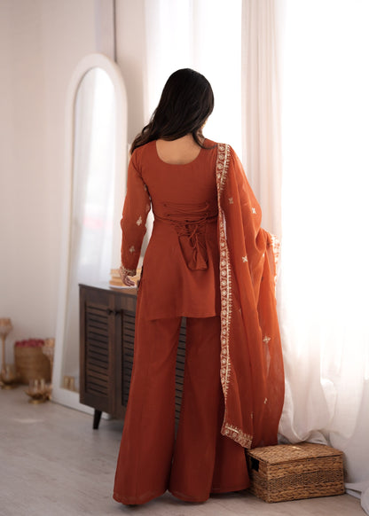 Crunchy Silk Embroidered Kurta Set with Bell Bottom and Dupatta