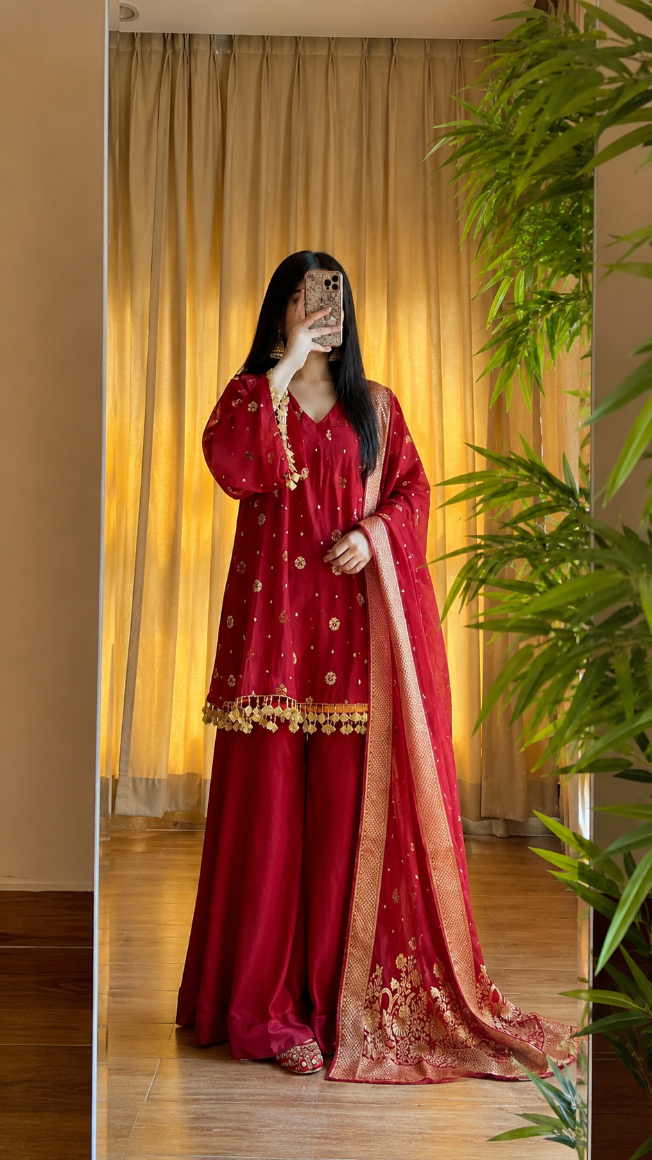 Satin Silk Kurta Set with Palazzo and Dupatta