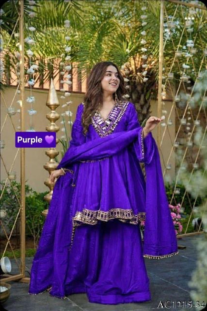 Premium Soft Chinon Mirror Work Palazzo Set With Dupatta