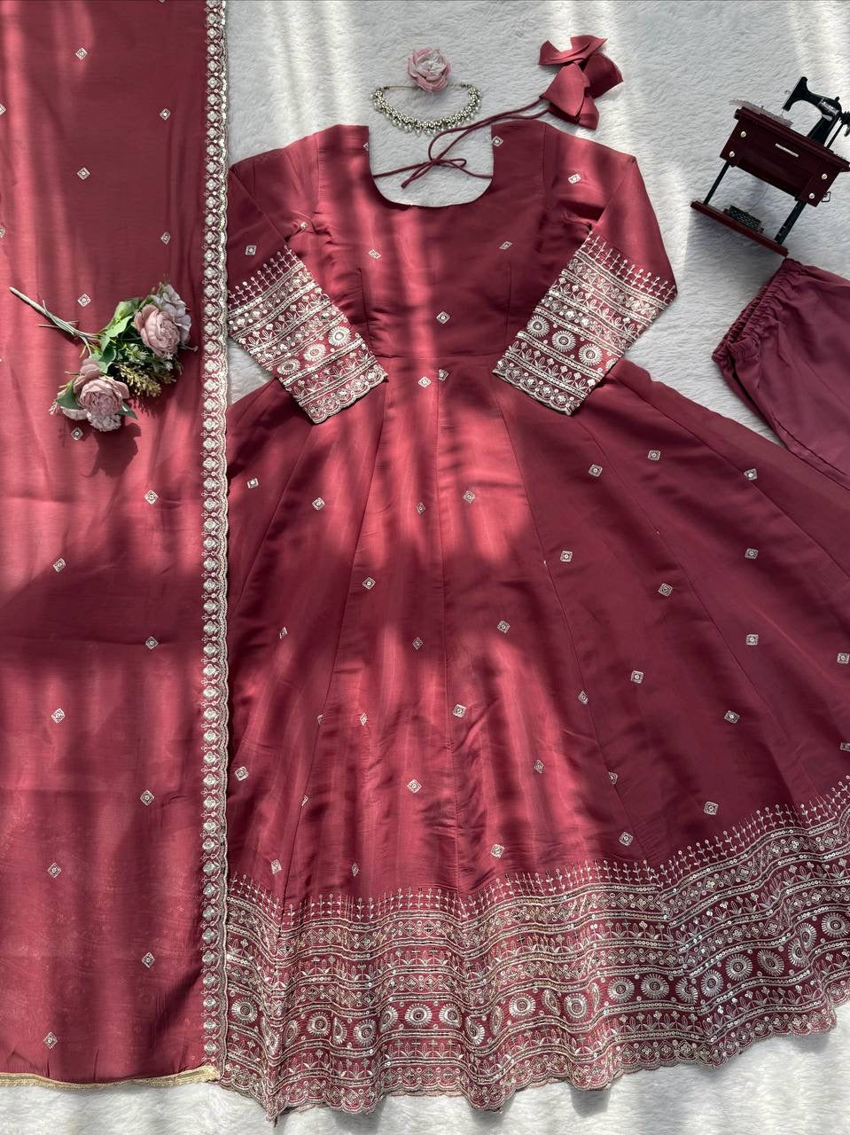 Mul Chanderi Silk Gown, Pant & Dupatta Set