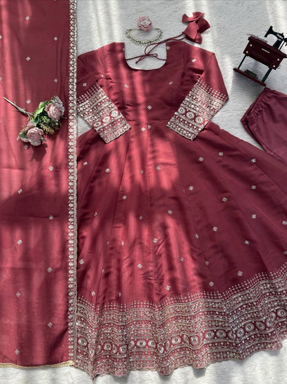 Mul Chanderi Silk Gown, Pant & Dupatta Set