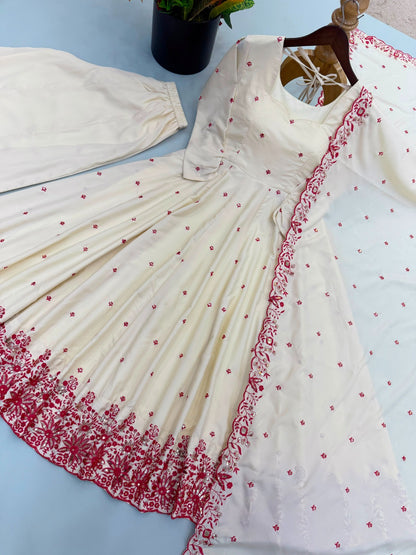 Diamond Silk Embroidered Anarkali Gown with Palazzo and Dupatta Set