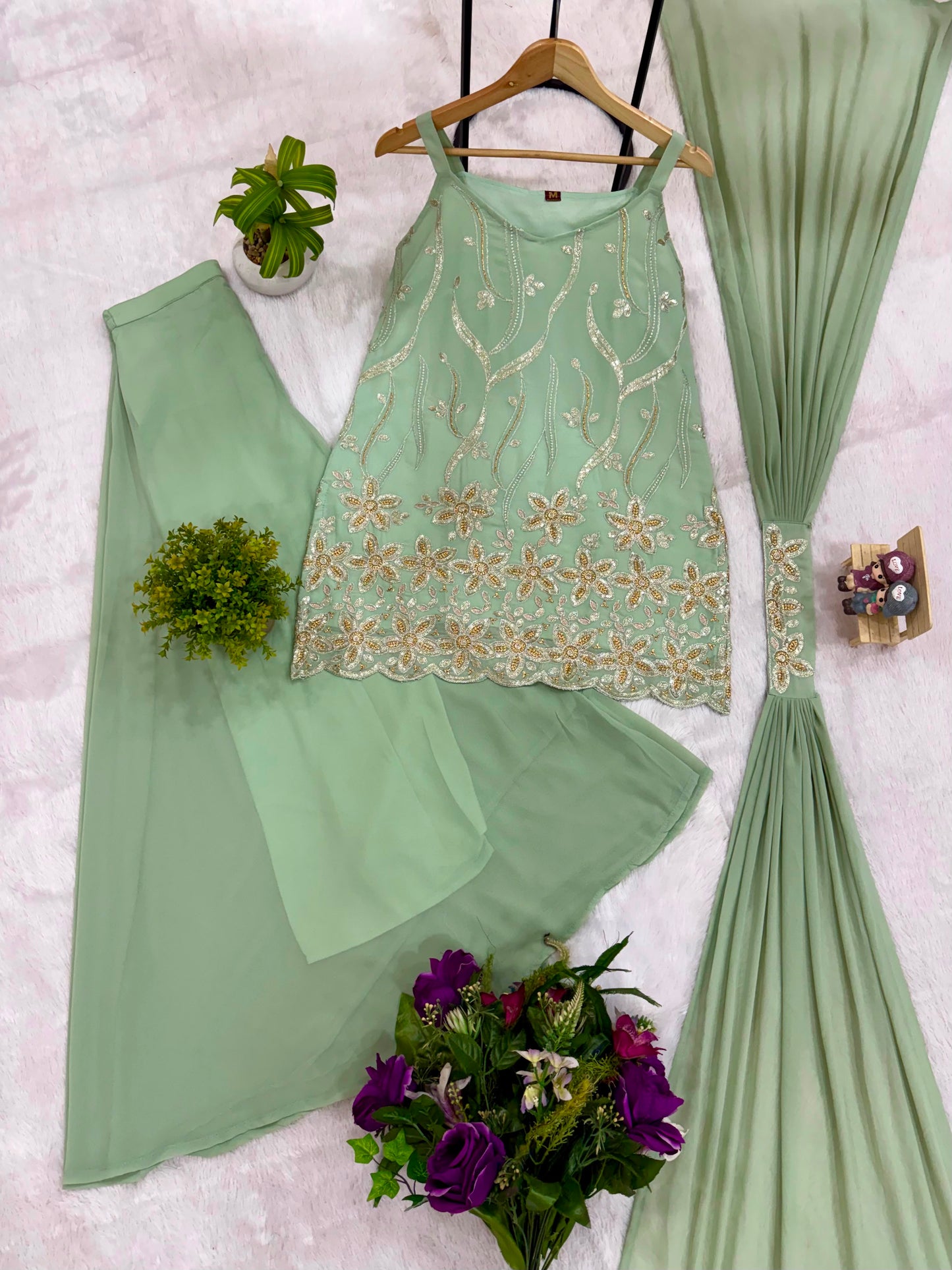 Premium Faux Georgette Embroidered Palazzo Set With Dupatta