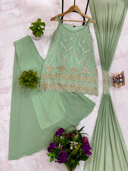 Premium Faux Georgette Embroidered Palazzo Set With Dupatta