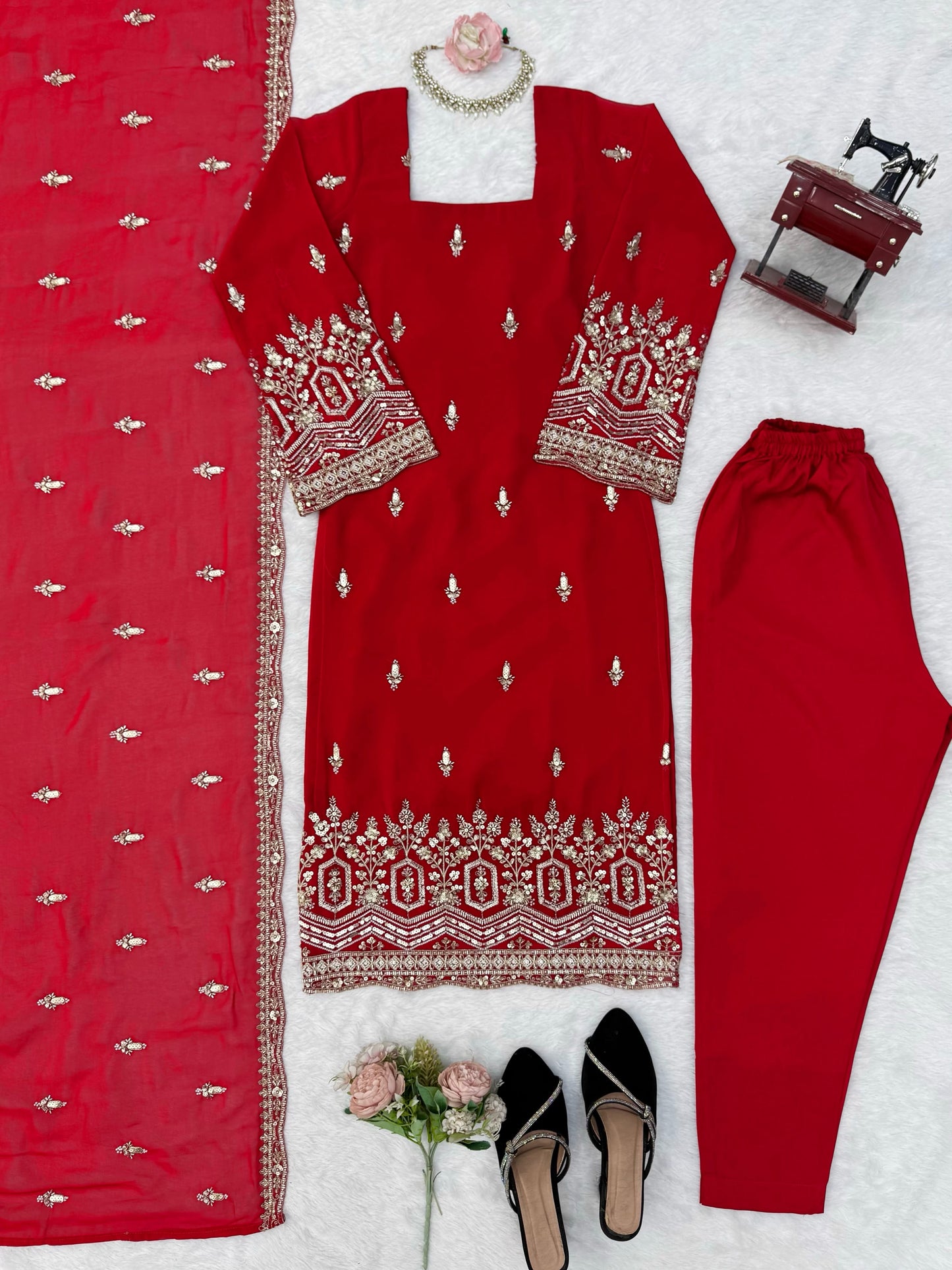 Premium Faux Georgette Beads Sequence Thread Work Suit Set With Dupatta