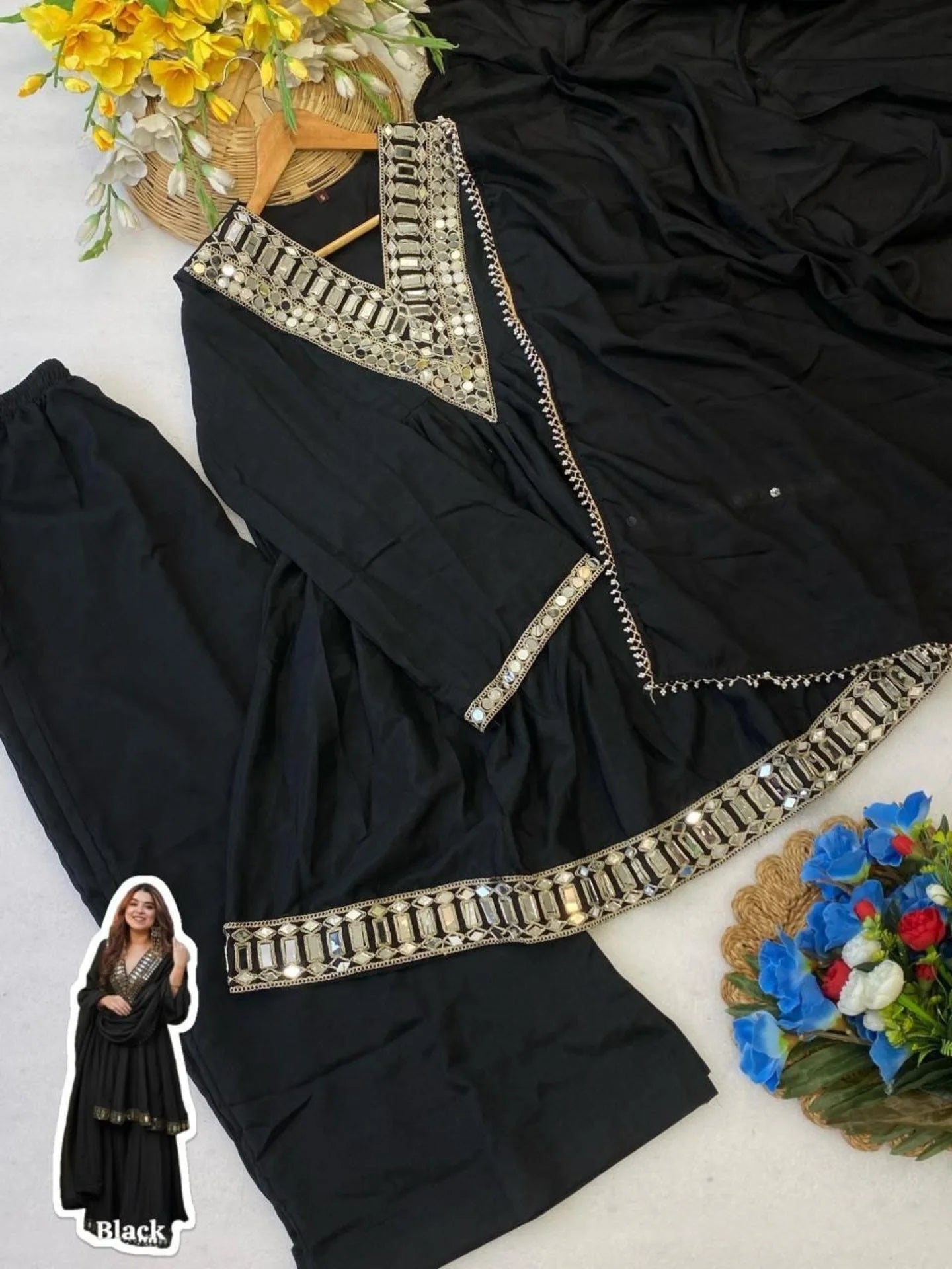Premium Soft Chinon Mirror Work Palazzo Set With Dupatta