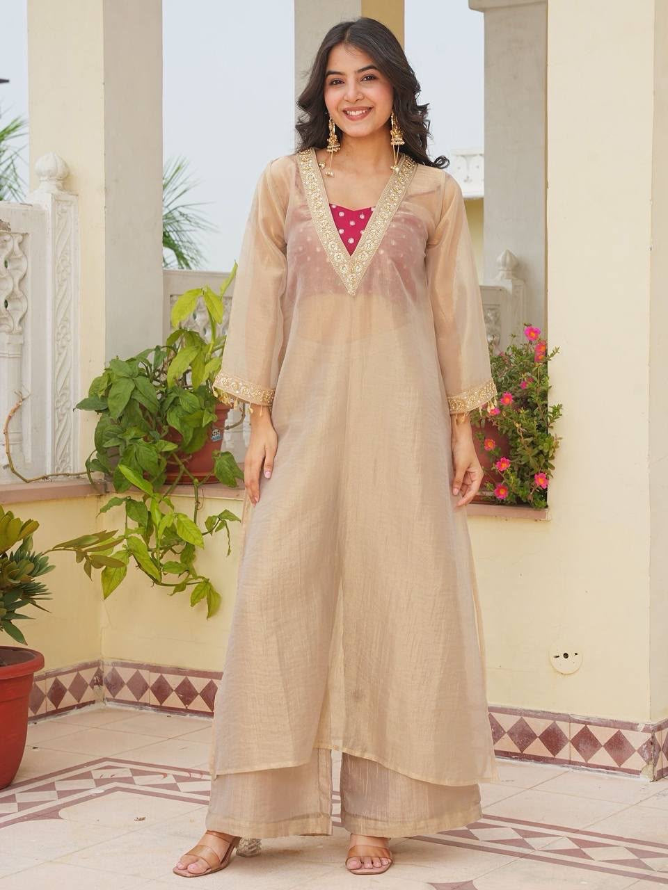 Premium Golden Tissue Salsa Embroidered Kurta Set With Slub Satin Blouse & Palazzo