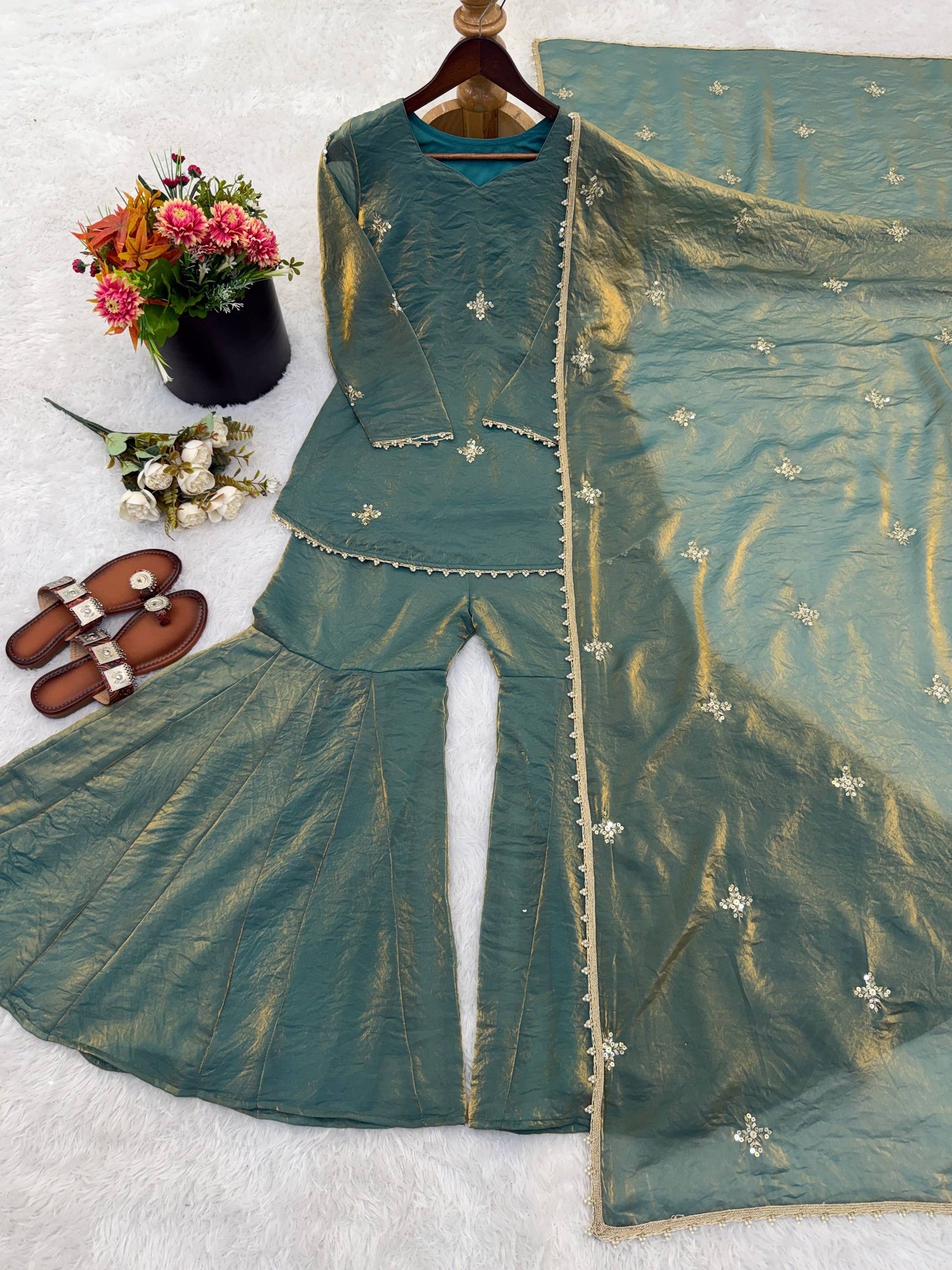 Premium Fendy Silk Embroidered Sharara Palazzo Set With Dupatta