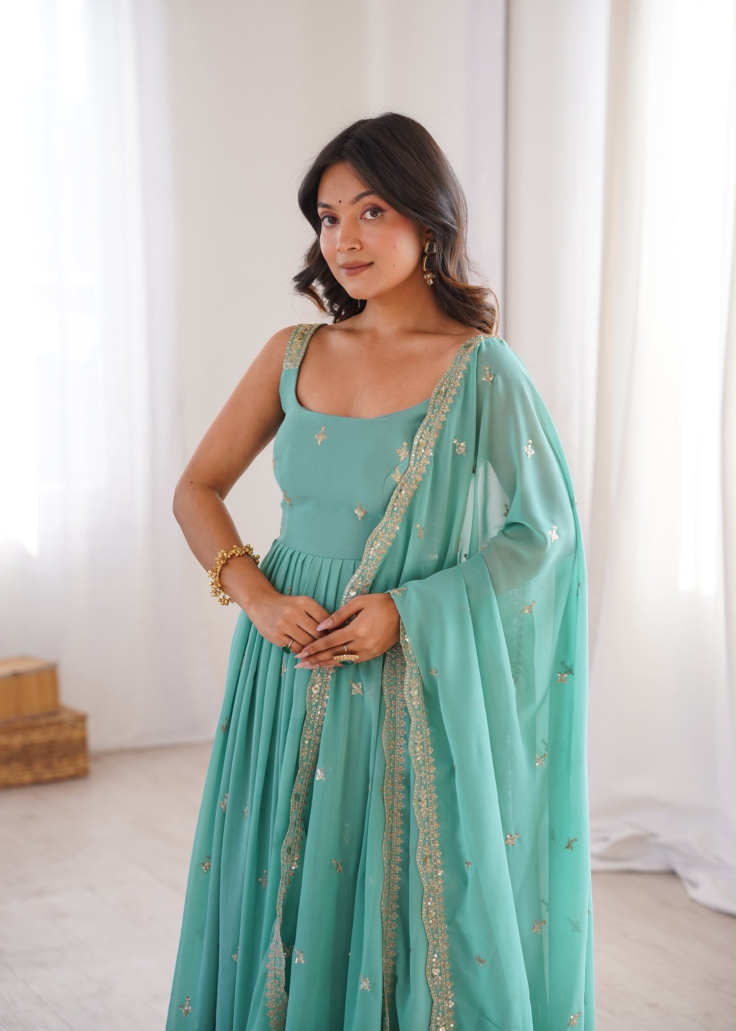Premium Faux Georgette Embroidered Anarkali Set With Dupatta & Pant
