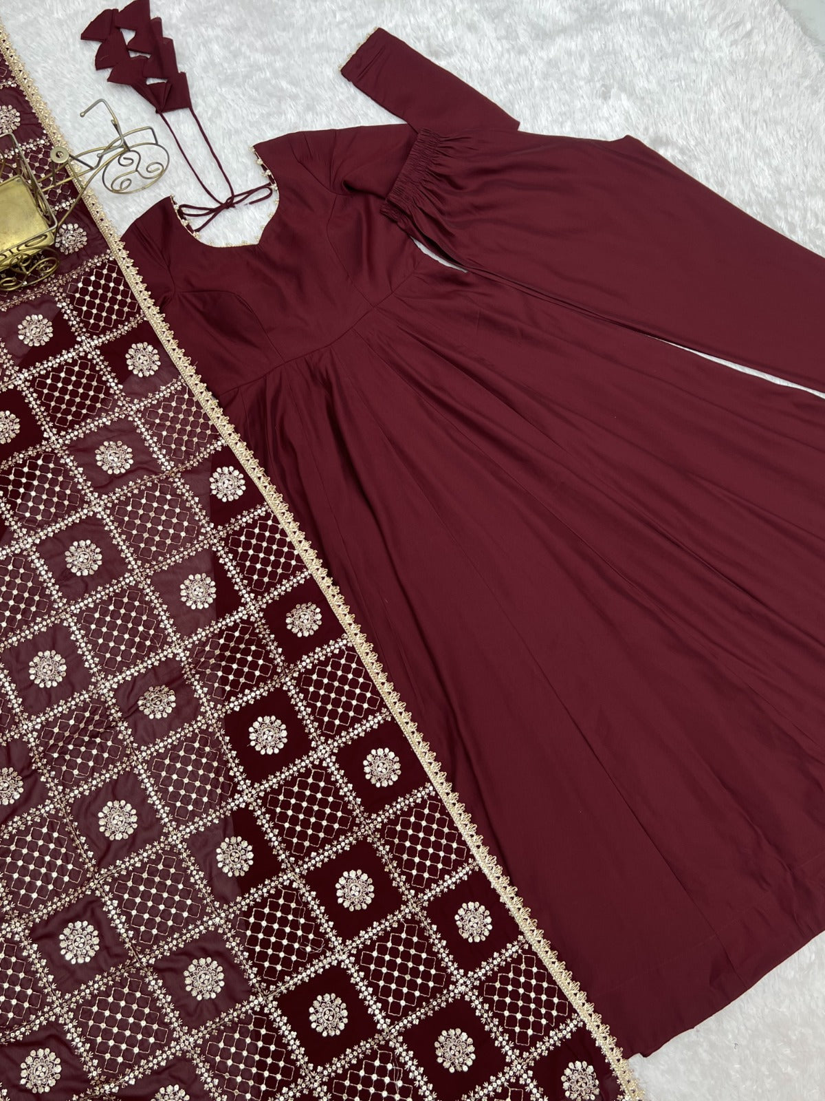 Heavy Roman Silk Chanderi Gown Set With Embroidered Dupatta & Bottom