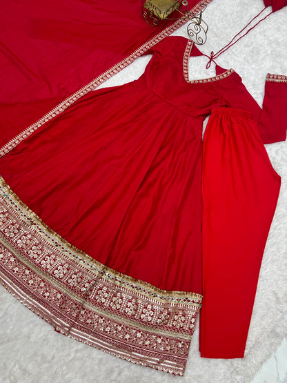 Premium Pure Blooming Vichitra Silk Anarkali Gown Set With Dupatta