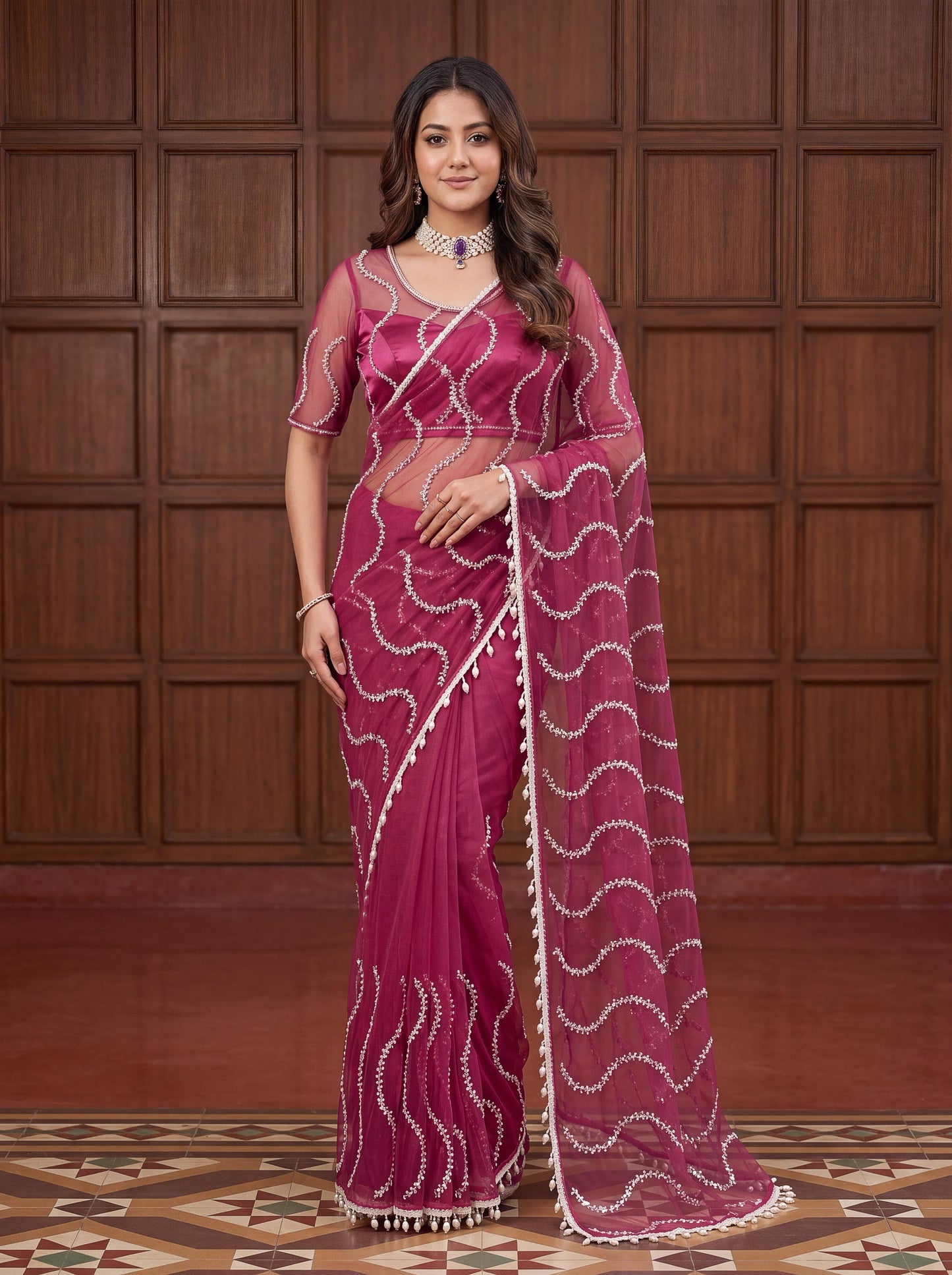 Designer Handwork Net Saree With Beads, Sequence & Pearl Embroidery