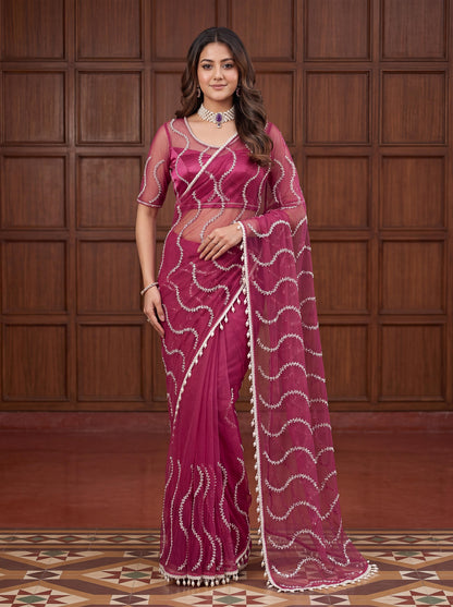 Designer Handwork Net Saree With Beads, Sequence & Pearl Embroidery