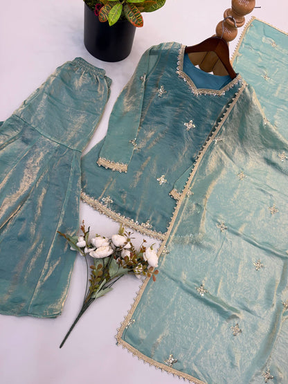 Fendy Silk Embroidery Sequence & Real Mirror Work Sharara Set With Dupatta