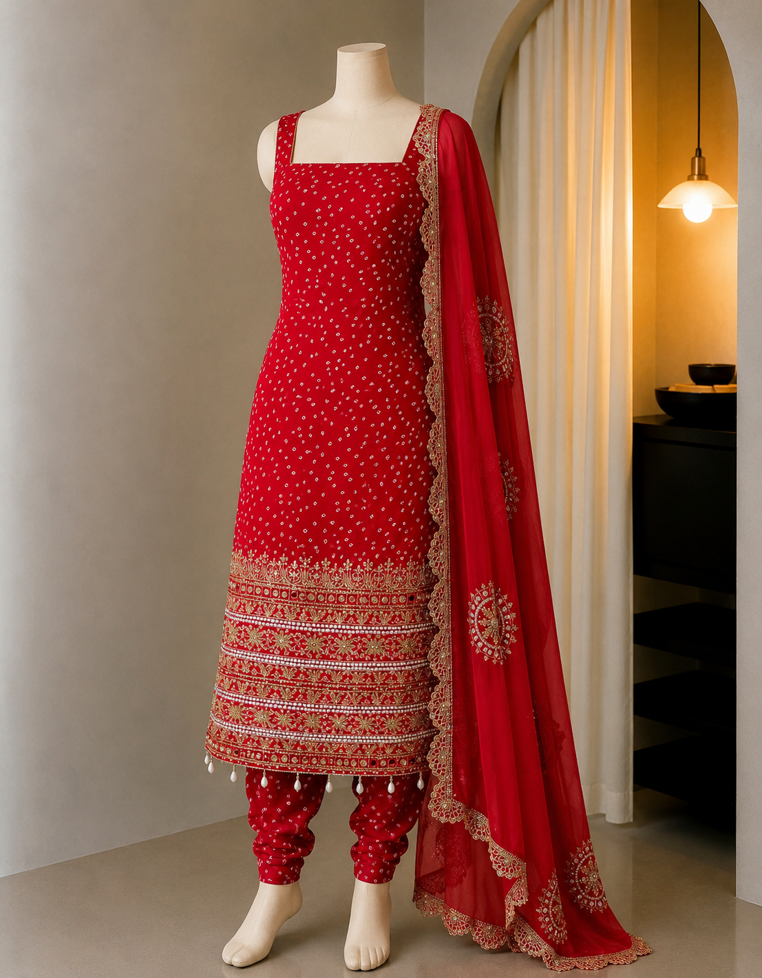 Premium Bandhani Faux Georgette Mirror Work Kurti Set With Churidar & Dupatta