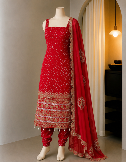 Premium Bandhani Faux Georgette Mirror Work Kurti Set With Churidar & Dupatta