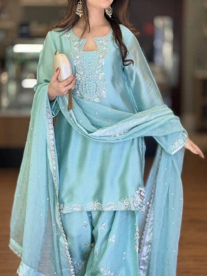 Designer Party Wear Look Pur Glass Satin Top & Farshi Palazzo With Dupatta