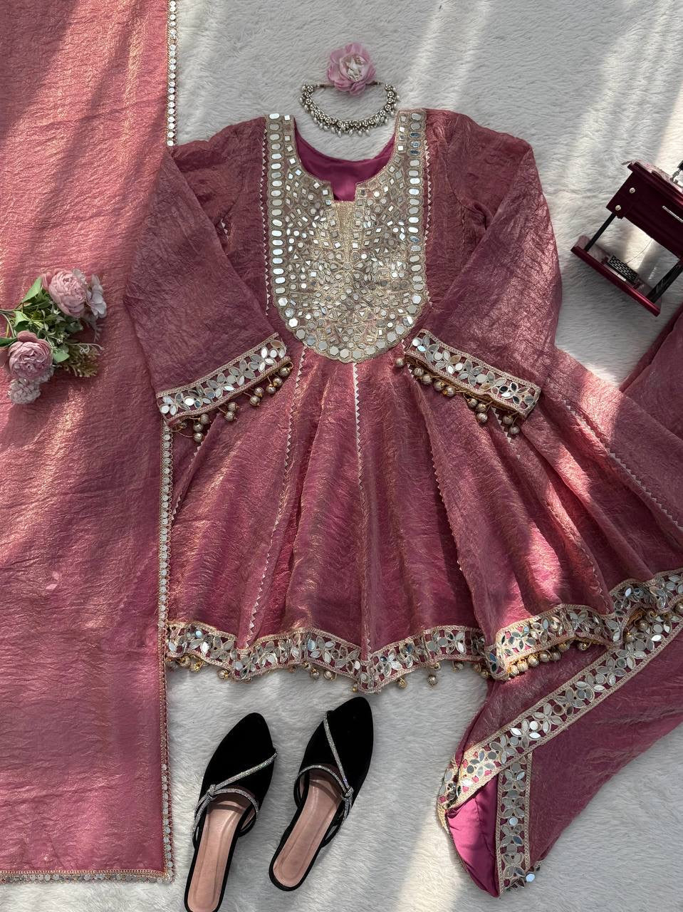 Premium Gold Crush Mirror Work Dhoti Set With Dupatta