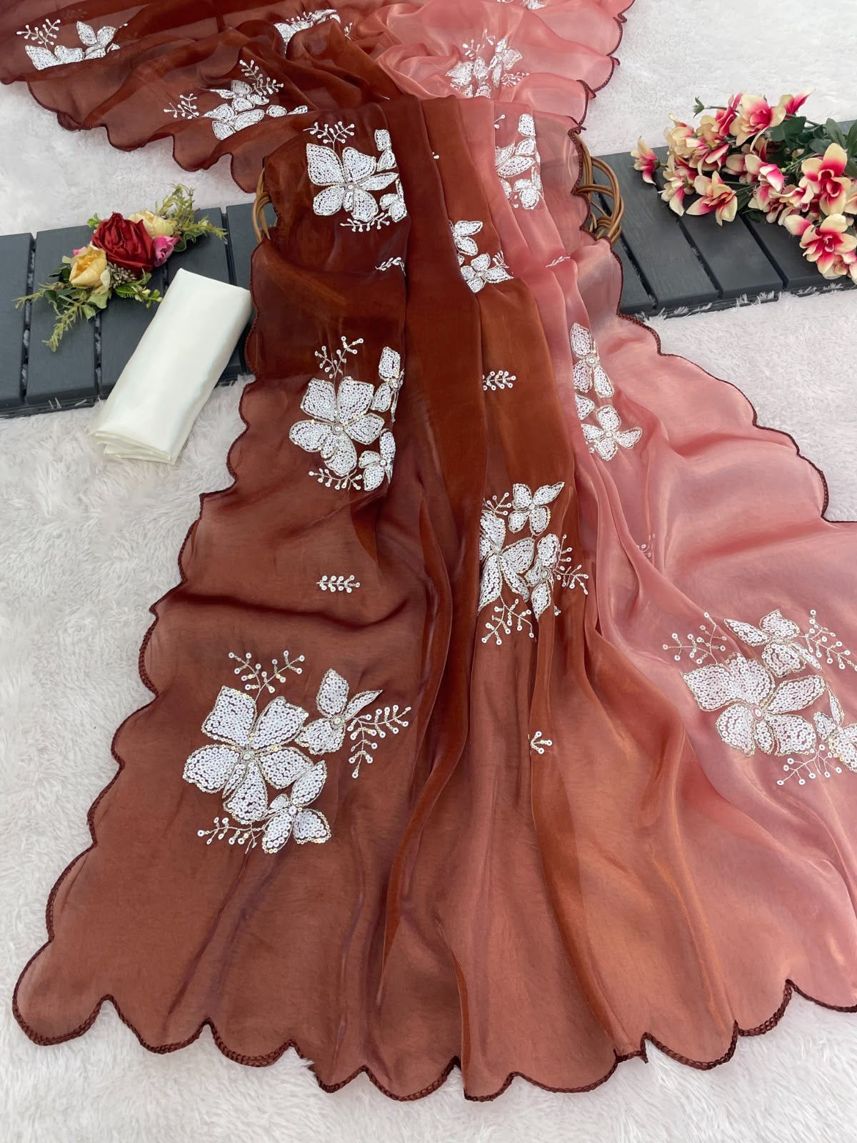 Premium Zimi Chu Sequence Work Saree With Satin Silk Blouse