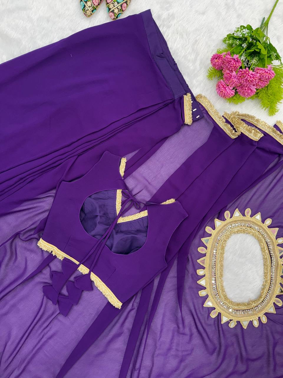 PARTY WEAR GEORGETTE READY MADE LACE BORDER SAREE