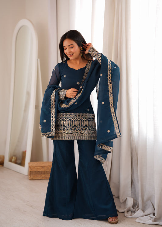 Teal Blue Crunchy Silk Embroidered Kurta Set with Bell Bottom Pant and Dupatta