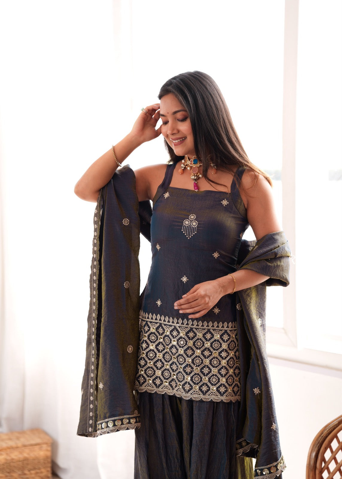 Premium NC Vichitra Silk Embroidered Farshi Shalwar Suit Set With Dupatta