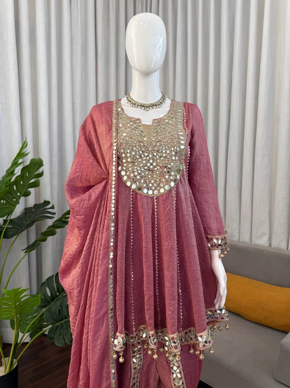 Premium Gold Crush Mirror Work Dhoti Set With Dupatta