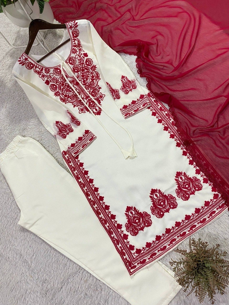 EMBROIDERED ROMAN SILK FABRIC TOP AND PANT WITH DUPATTA PAIR