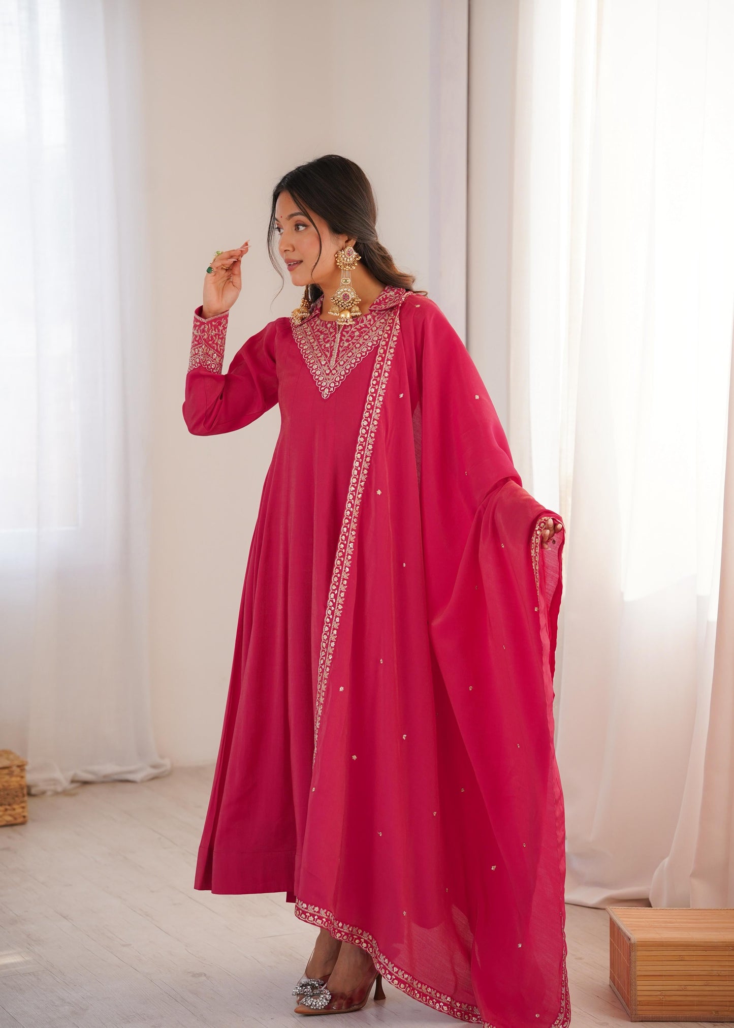 Premium Roman Shimmer Silk Anarkali Set with Dupatta & Pant
