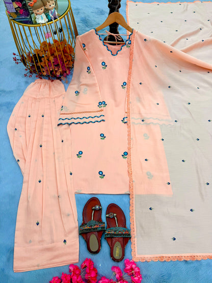 Mul Chanderi Top, Farshi Plazzo & Dupatta Set