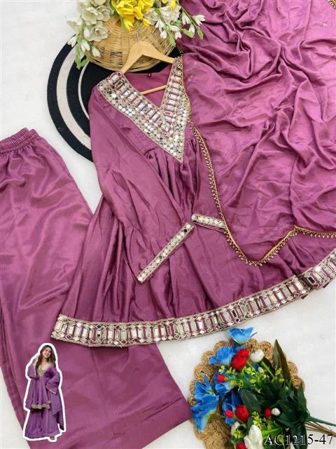 Premium Soft Chinon Mirror Work Palazzo Set With Dupatta