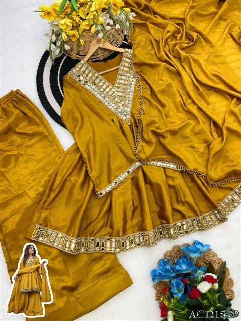 Premium Soft Chinon Mirror Work Palazzo Set With Dupatta