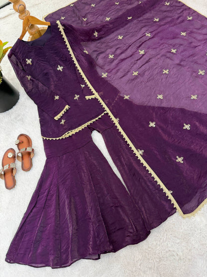Premium Fendy Silk Embroidered Sharara Palazzo Set With Dupatta