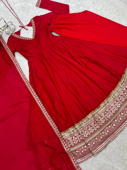 Premium Pure Blooming Vichitra Silk Anarkali Gown Set With Dupatta