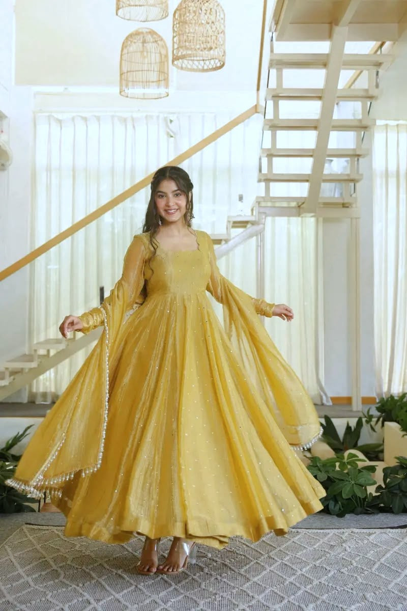 Premium Salsa Silk Foil Work Gown Set With Pant & Dupatta