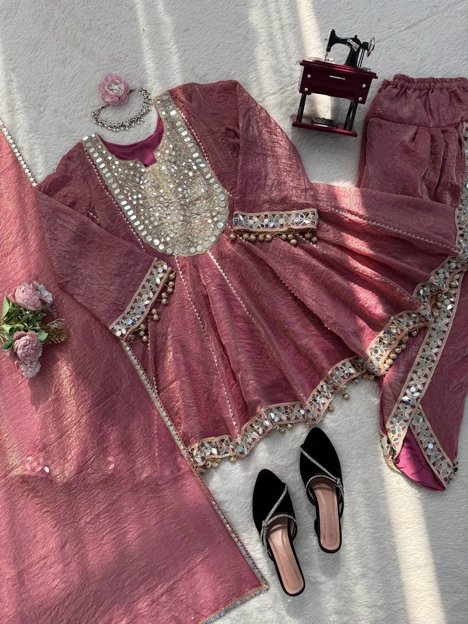 Premium Gold Crush Mirror Work Dhoti Set With Dupatta