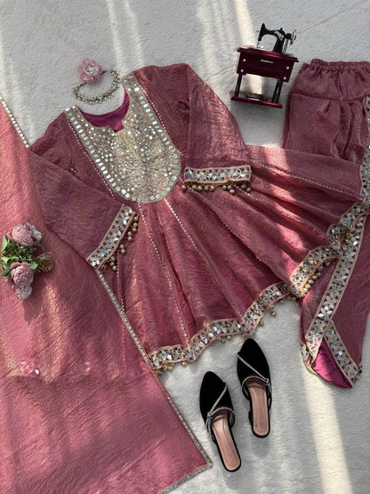 Premium Gold Crush Mirror Work Dhoti Set With Dupatta