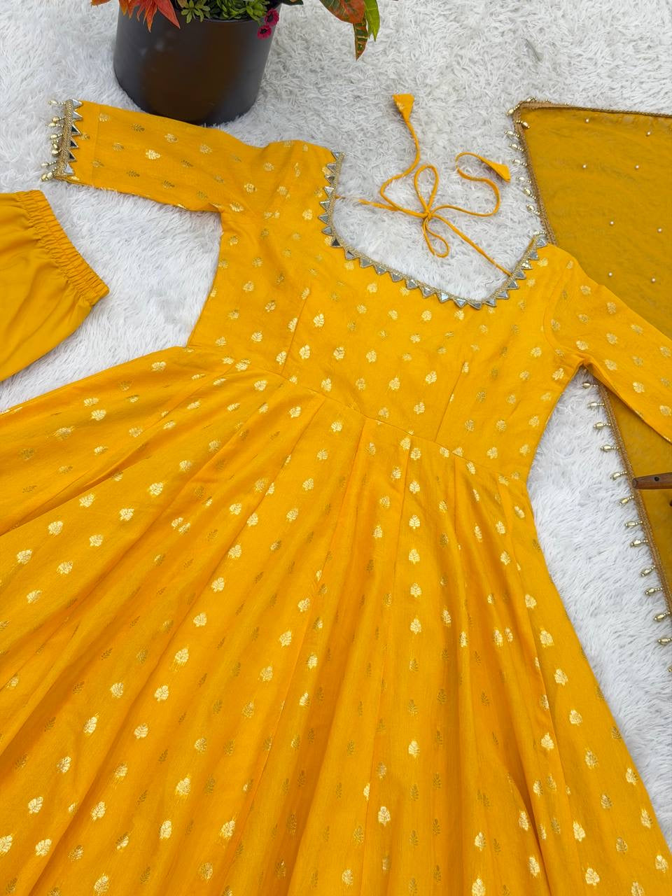 Chanderi Jacquard Butti Real Mirror Anarkali Set
