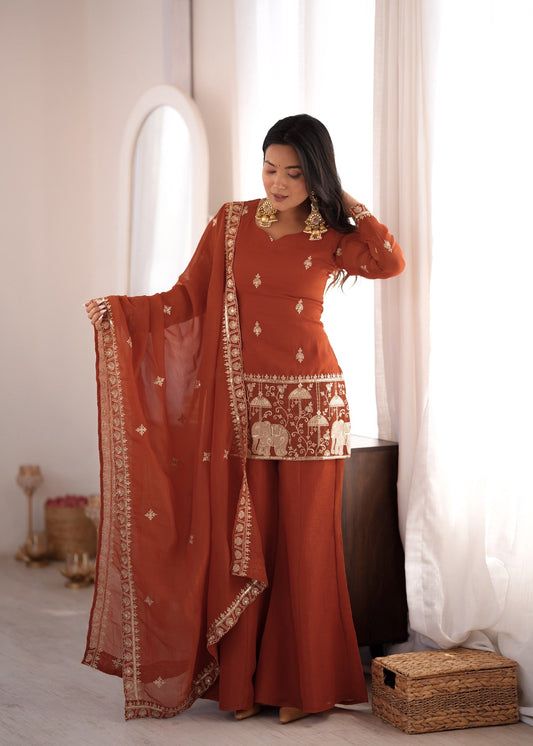 Crunchy Silk Embroidered Kurta Set with Bell Bottom and Dupatta