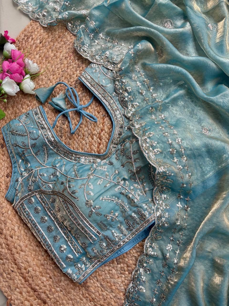 Beautiful Sequence work  Soft Fandy Silk  along with Full Stitched Blouse