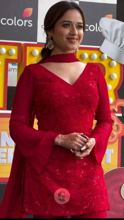Designer Party Wear Heavy Fox Georgette Top, Palazzo & Dupatta Set