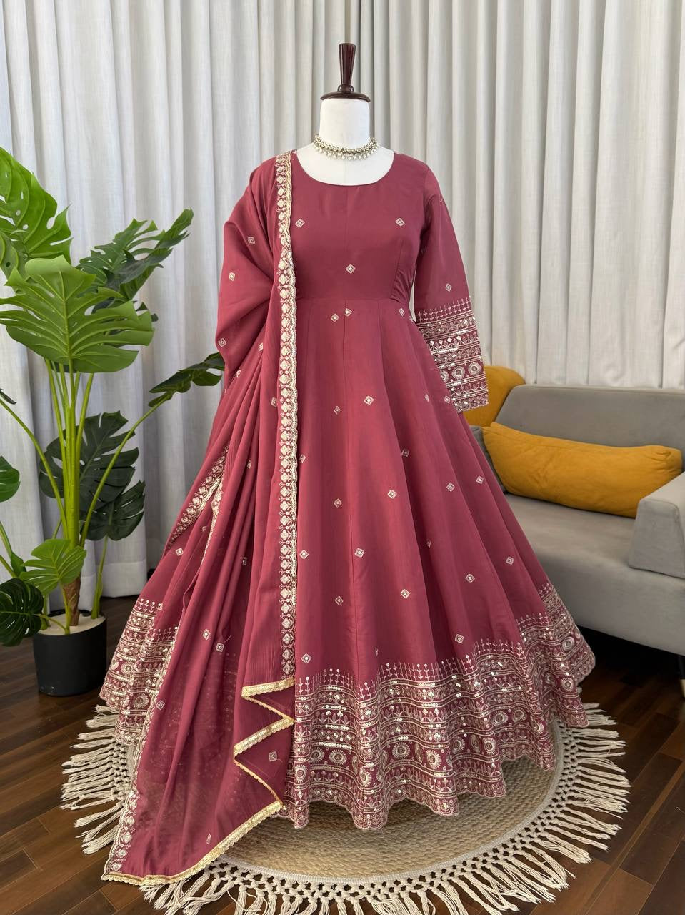 Mul Chanderi Silk Gown, Pant & Dupatta Set