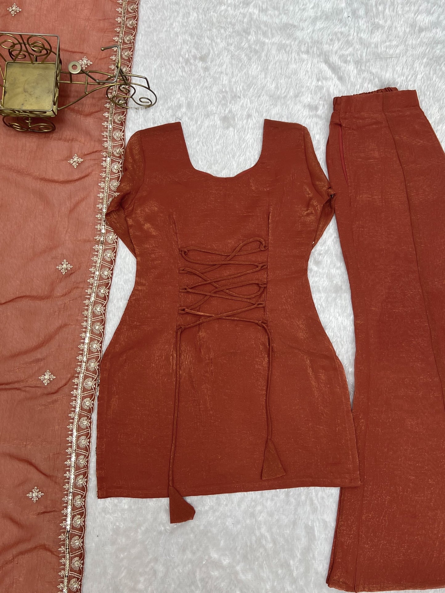 Crunchy Silk Embroidered Kurta Set with Bell Bottom and Dupatta