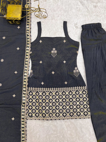 Premium NC Vichitra Silk Embroidered Farshi Shalwar Suit Set With Dupatta