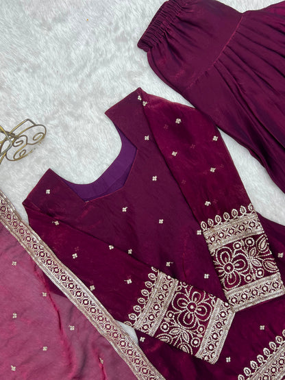 Wine Heavy Fendy Silk Embroidered Kurta Set with Farshi Shalwar and Dupatta