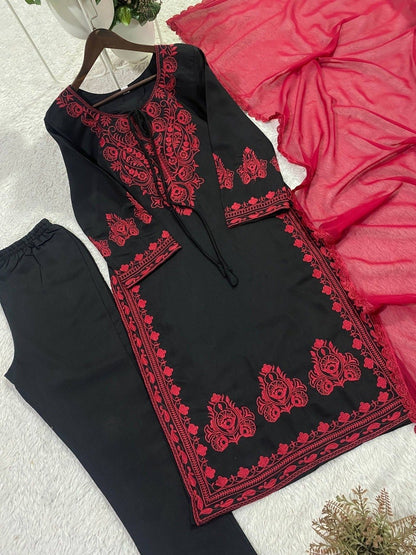 EMBROIDERED ROMAN SILK FABRIC TOP AND PANT WITH DUPATTA PAIR