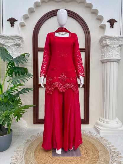 Premium Fendy Silk Thread & Sequence Palazzo Set With Dupatta